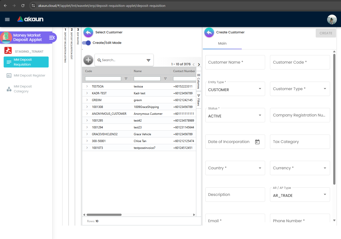 Create Customer form next to the Select Customer listing