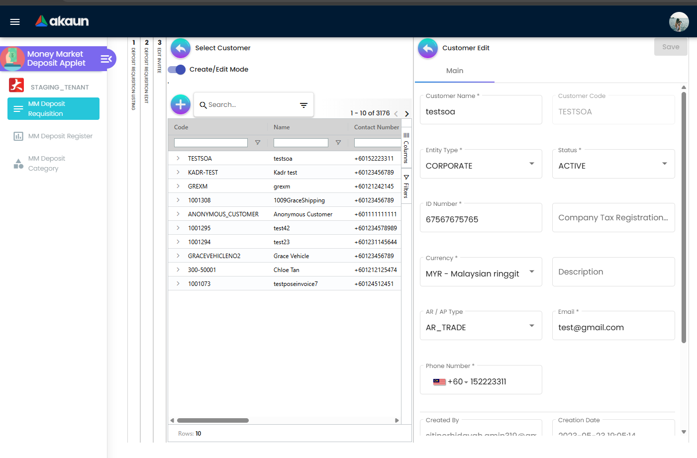Customer Edit form showing core attributes like Entity Type, Status, Currency