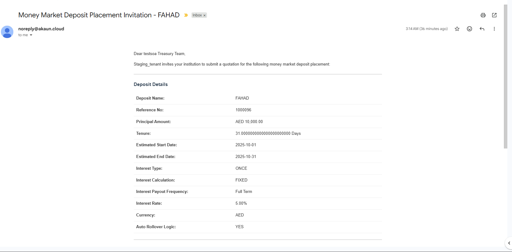 Sample invite email sent to deposit participants with key details and a secure submission link