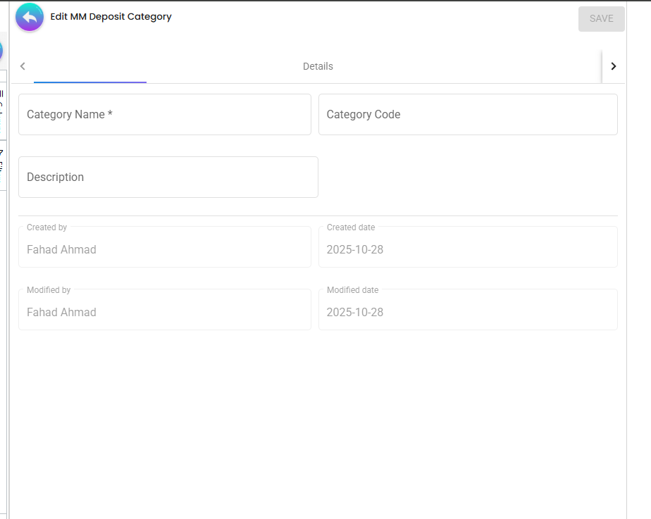 Create MM Deposit Category form with required fields and read-only audit fields