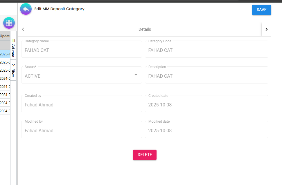 Edit MM Deposit Category screen showing Status and Delete action