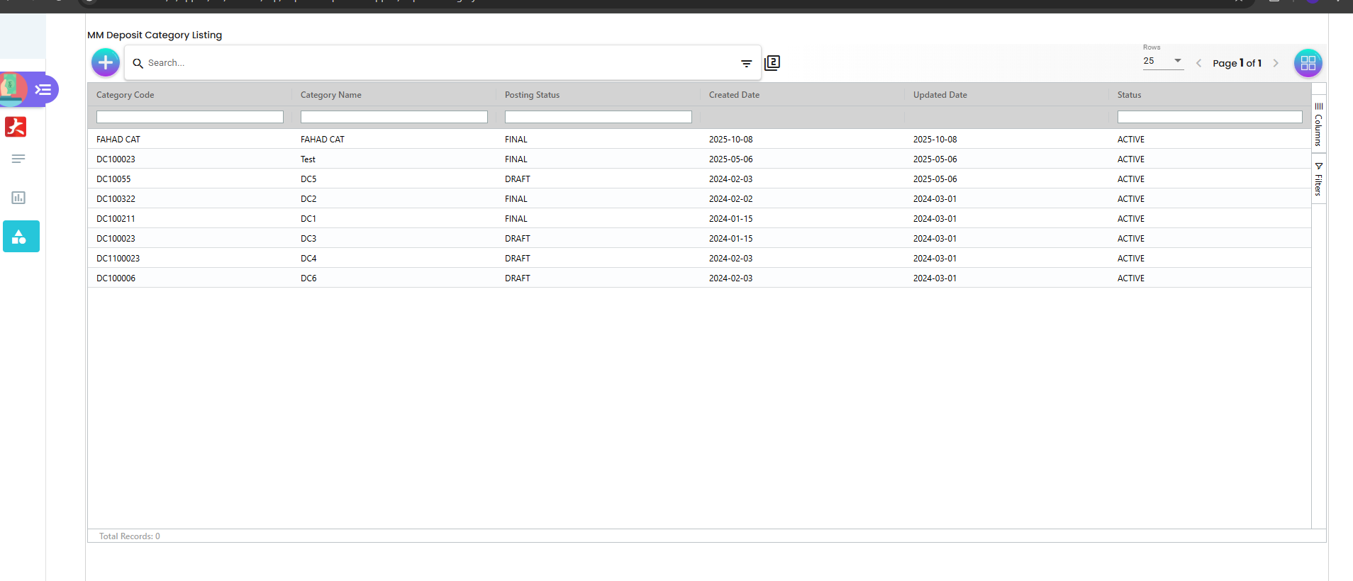 MM Deposit Category listing with code, name, posting status, created/updated dates, and status