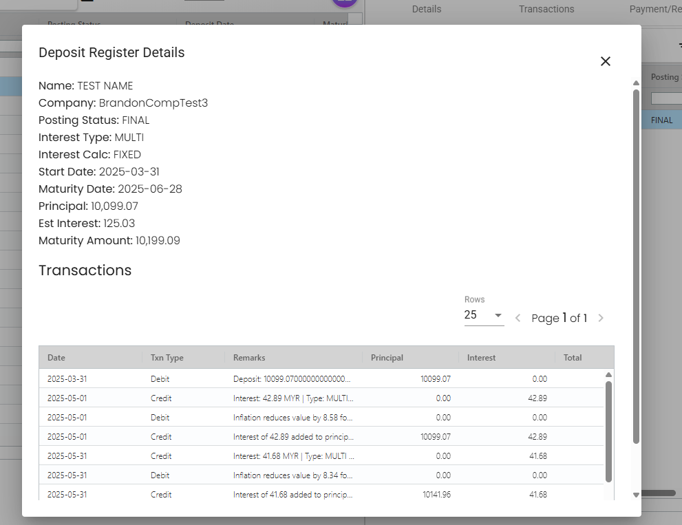 Deposit Register Details modal with computed maturity and transaction list