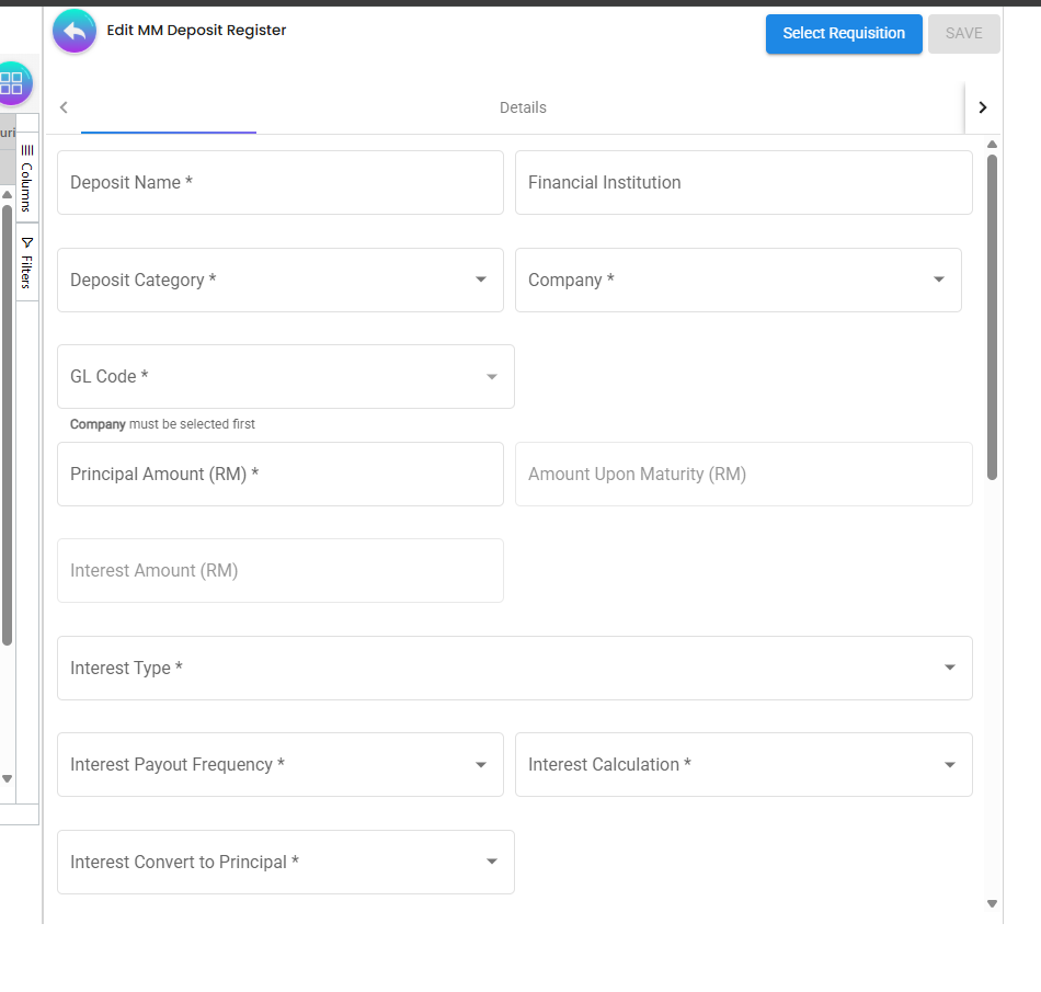 Edit MM Deposit Register details screen with Select Requisition button