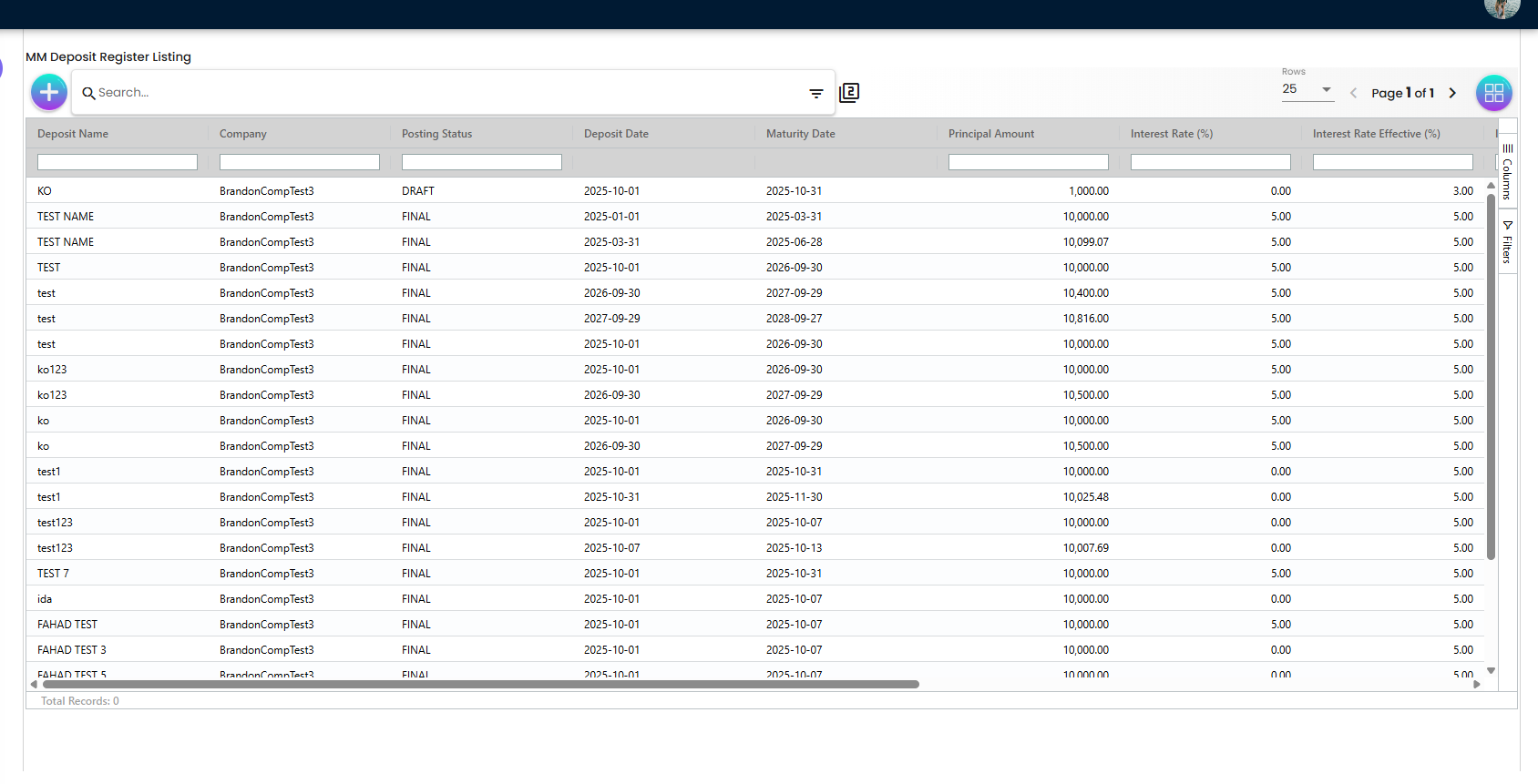 MM Deposit Register listing with principal, rates and effective rates columns