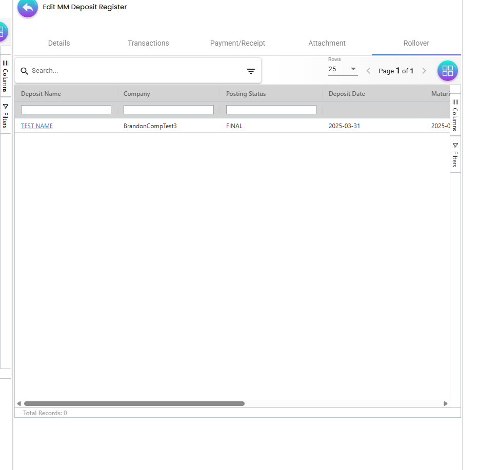 Rollover tab showing rolled‑over entries