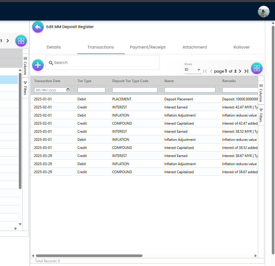 Transactions tab showing Placement, Interest, Inflation, and Compound entries