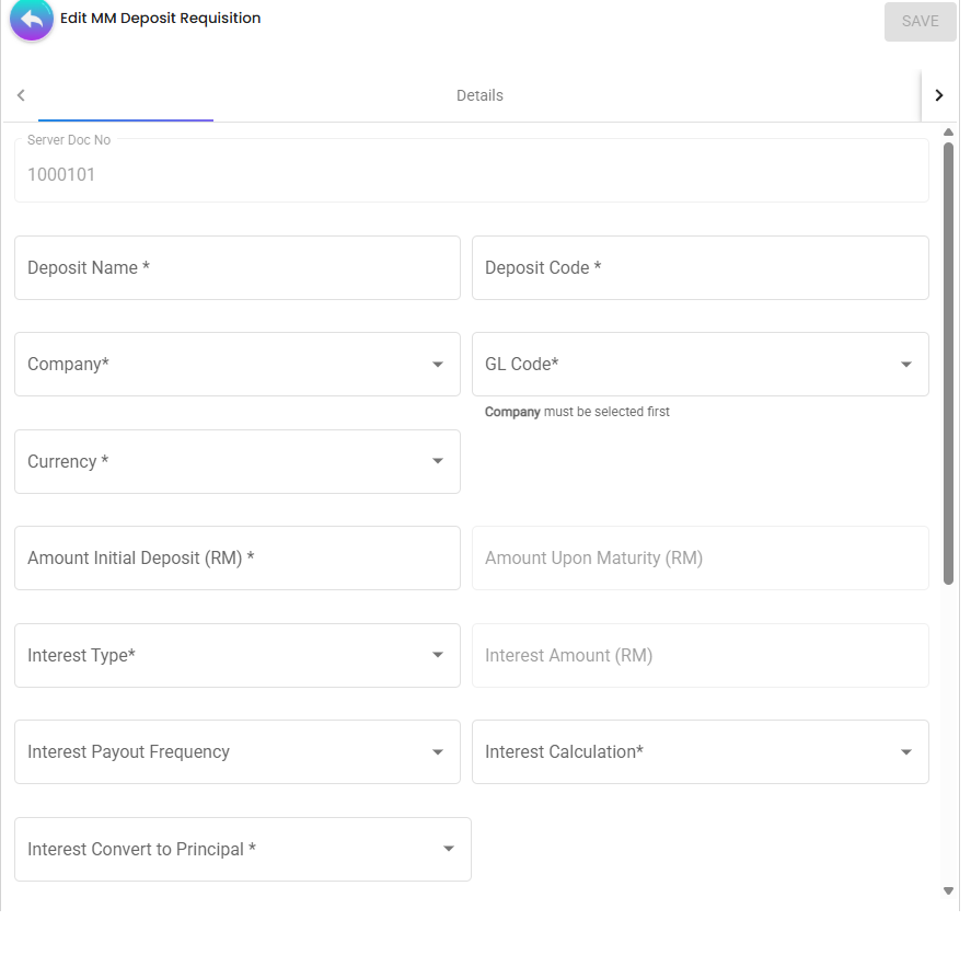 Edit MM Deposit Requisition form with required fields and interest logic controls