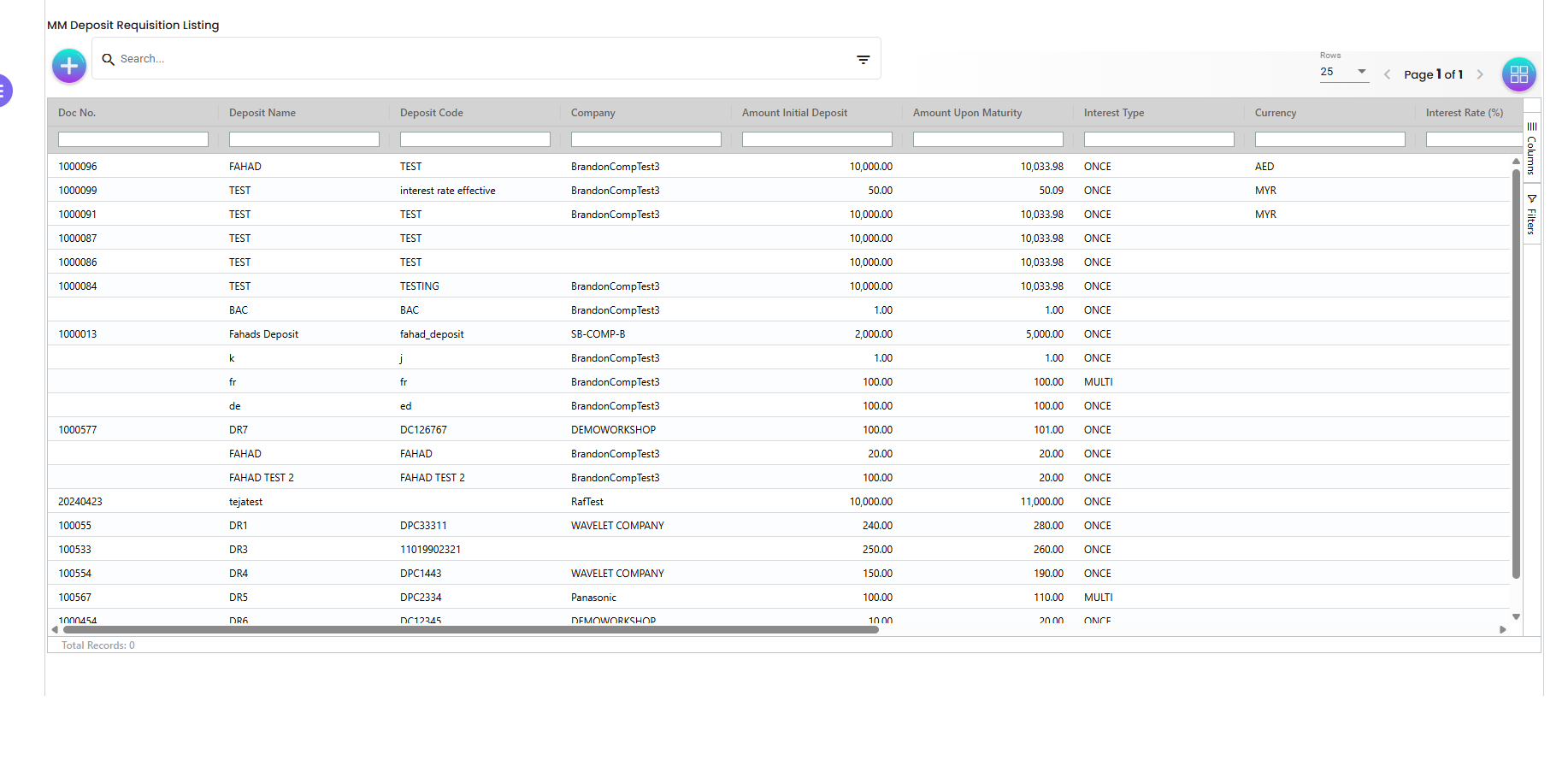 MM Deposit Requisition listing with formatted numeric columns and filters