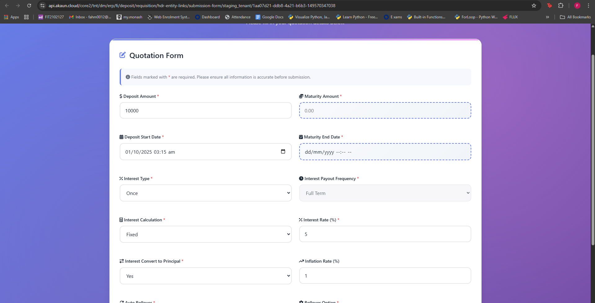 External quotation submission form for invitees