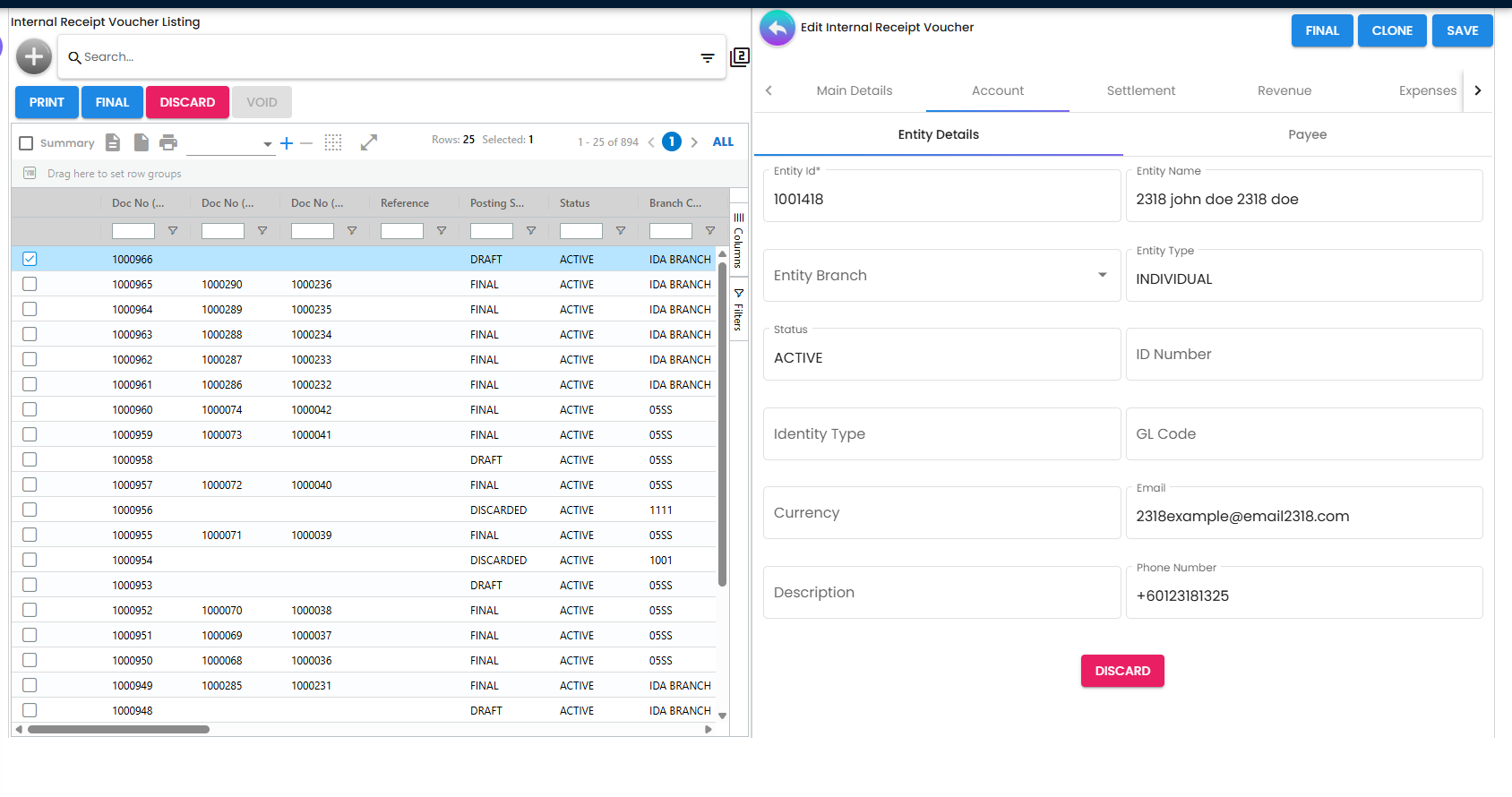 Entity details section