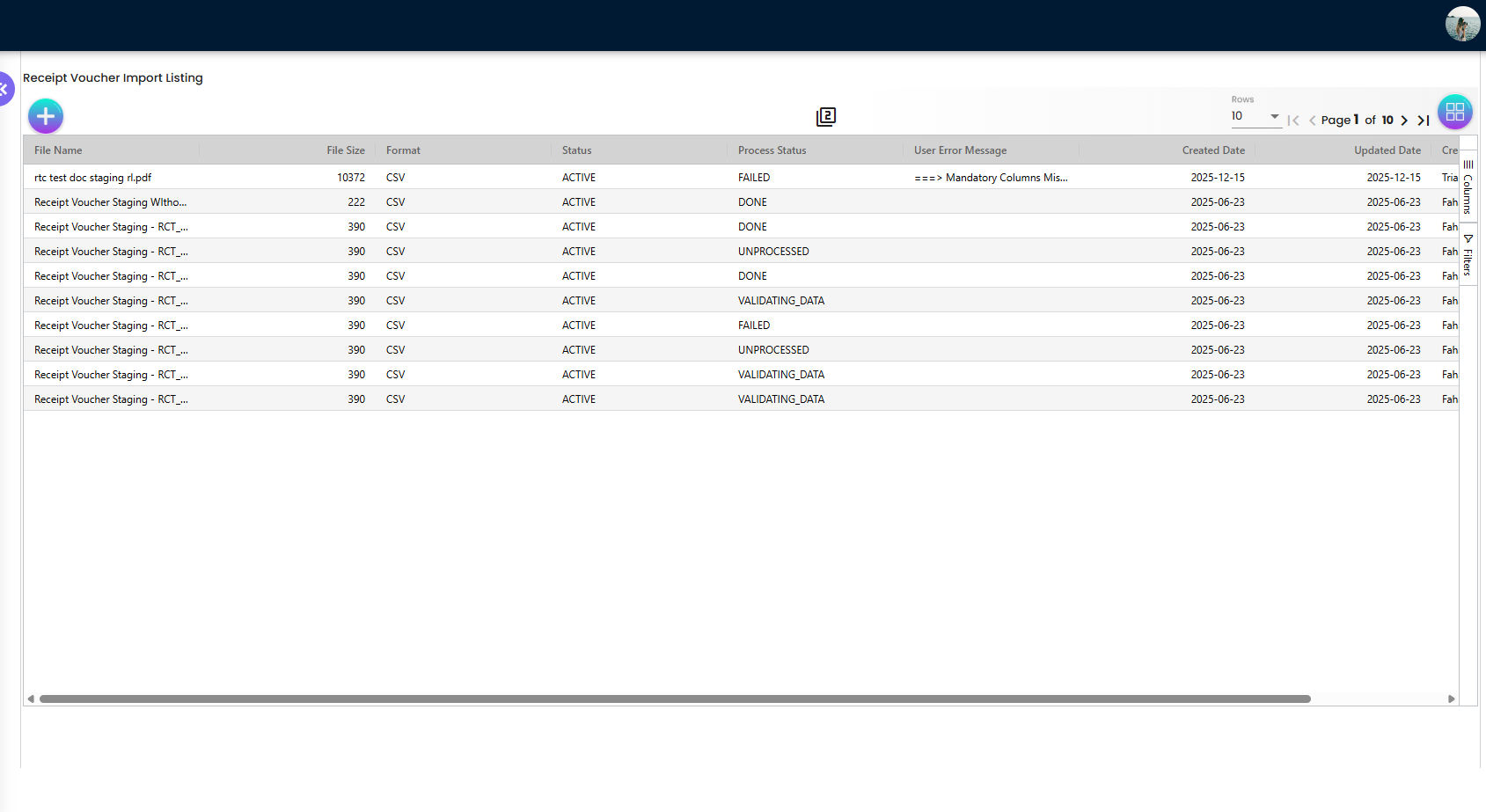 Internal Receipt Voucher listing