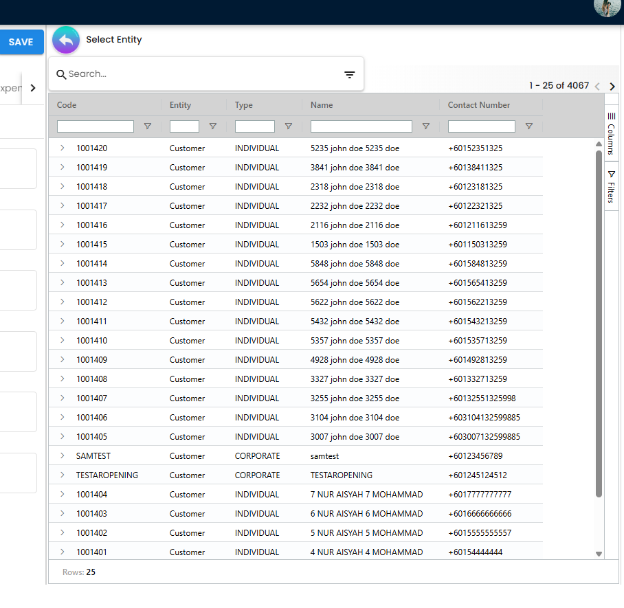 Select entity dialog