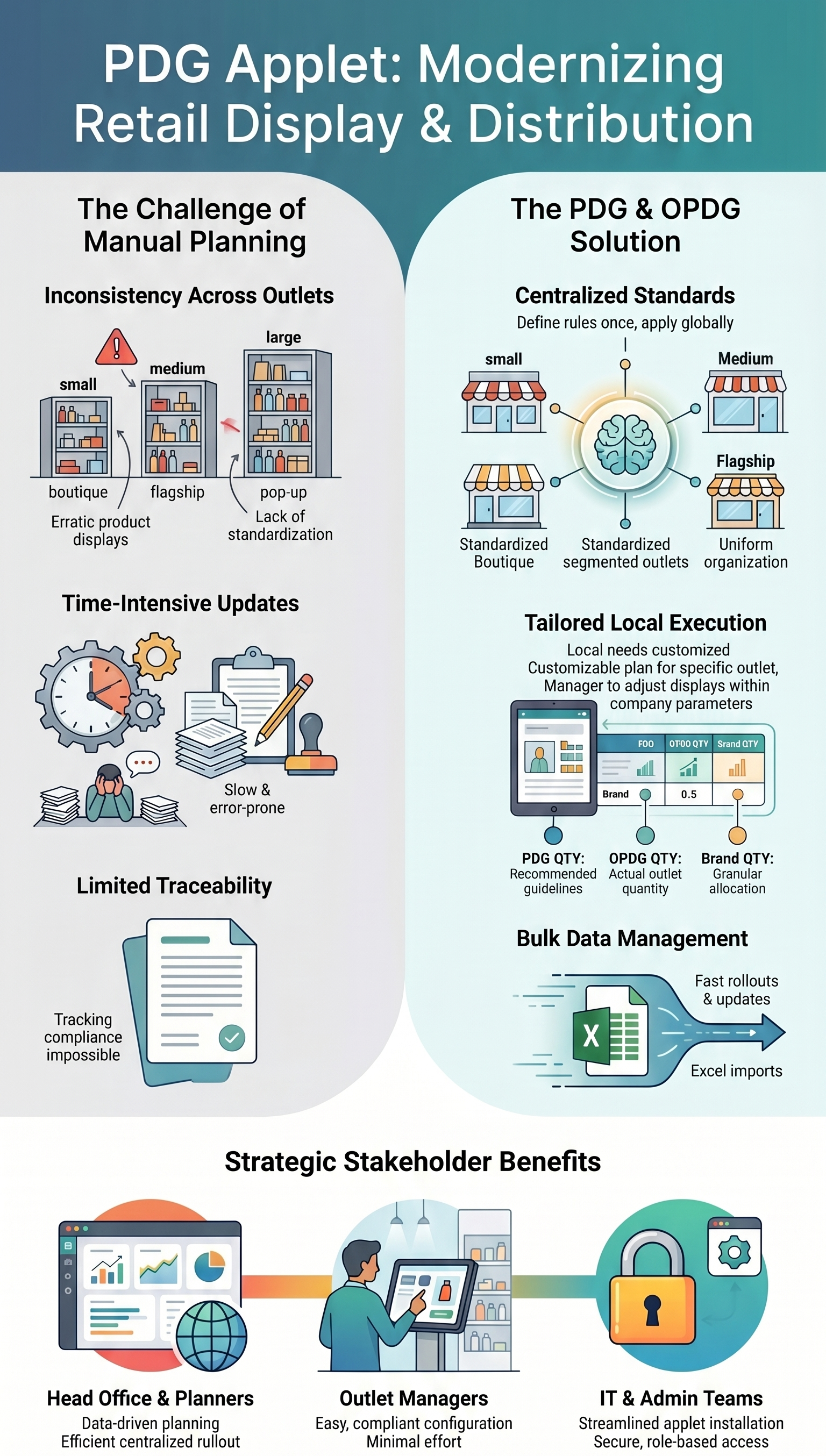PDG Applet overview infographic showing manual planning challenges and PDG OPDG solution benefits